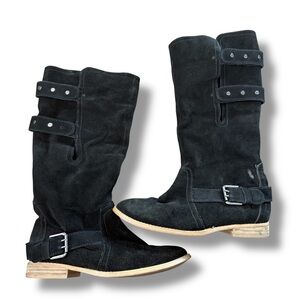 Matt Bernson Suede Studded Harness Tall Riding Boots Black Foldable Wide Calf 7